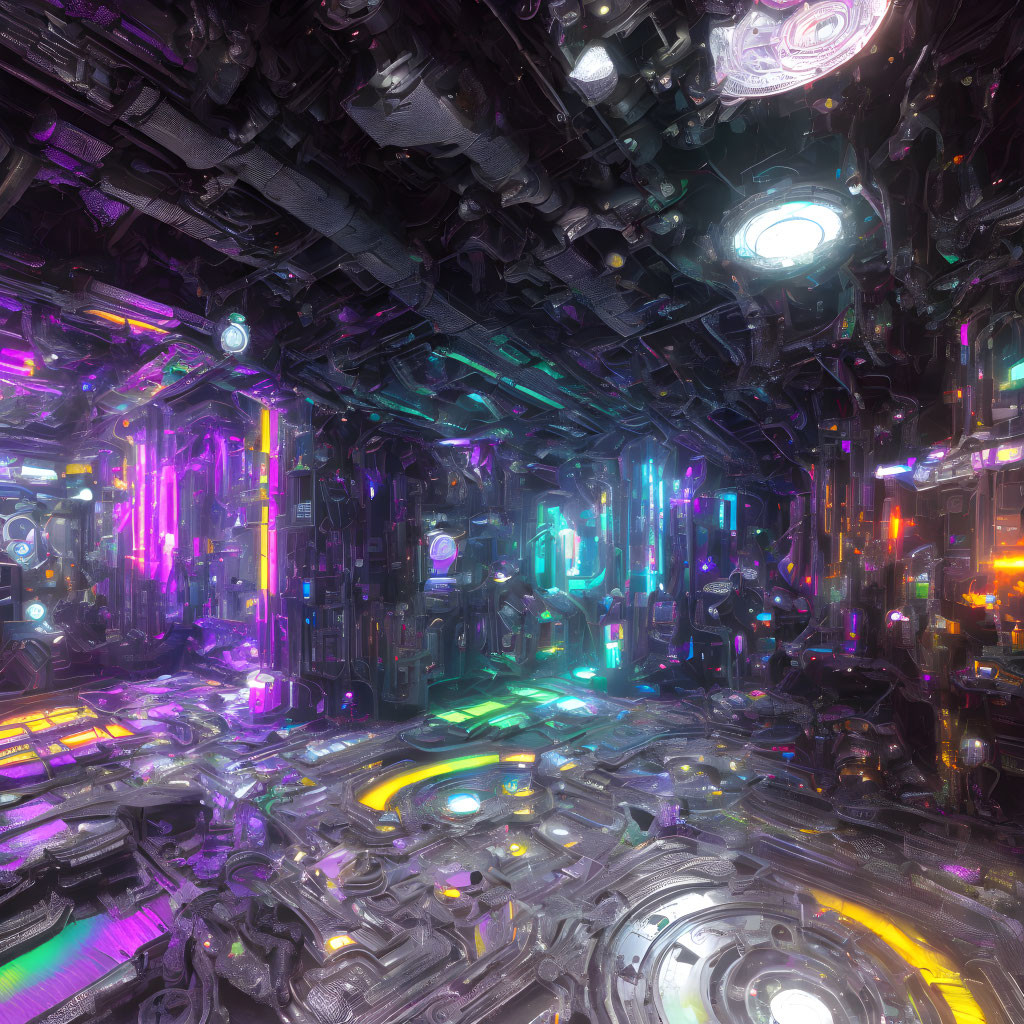 Futuristic interior with vibrant neon lights and metallic surfaces