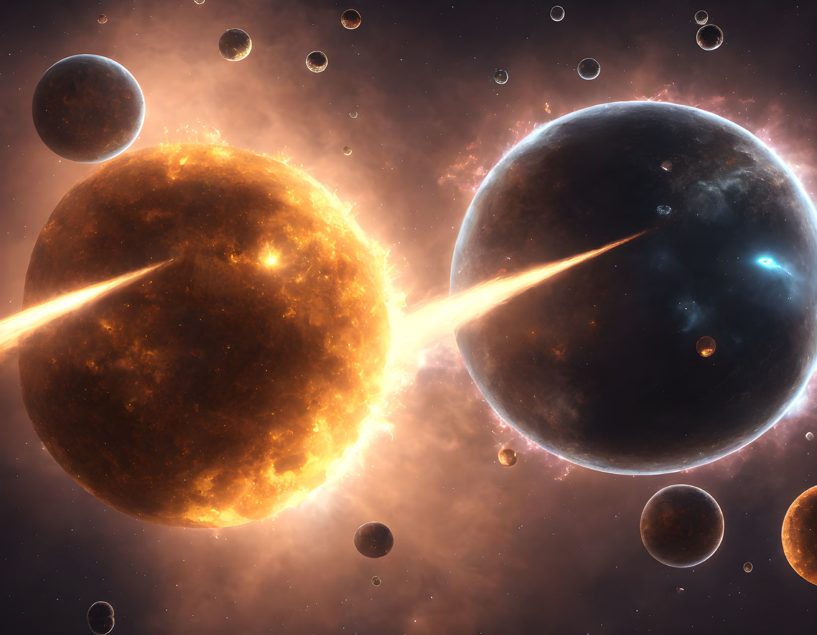 Multiple planets and moons in cosmic scene with sun, stars, and flares.