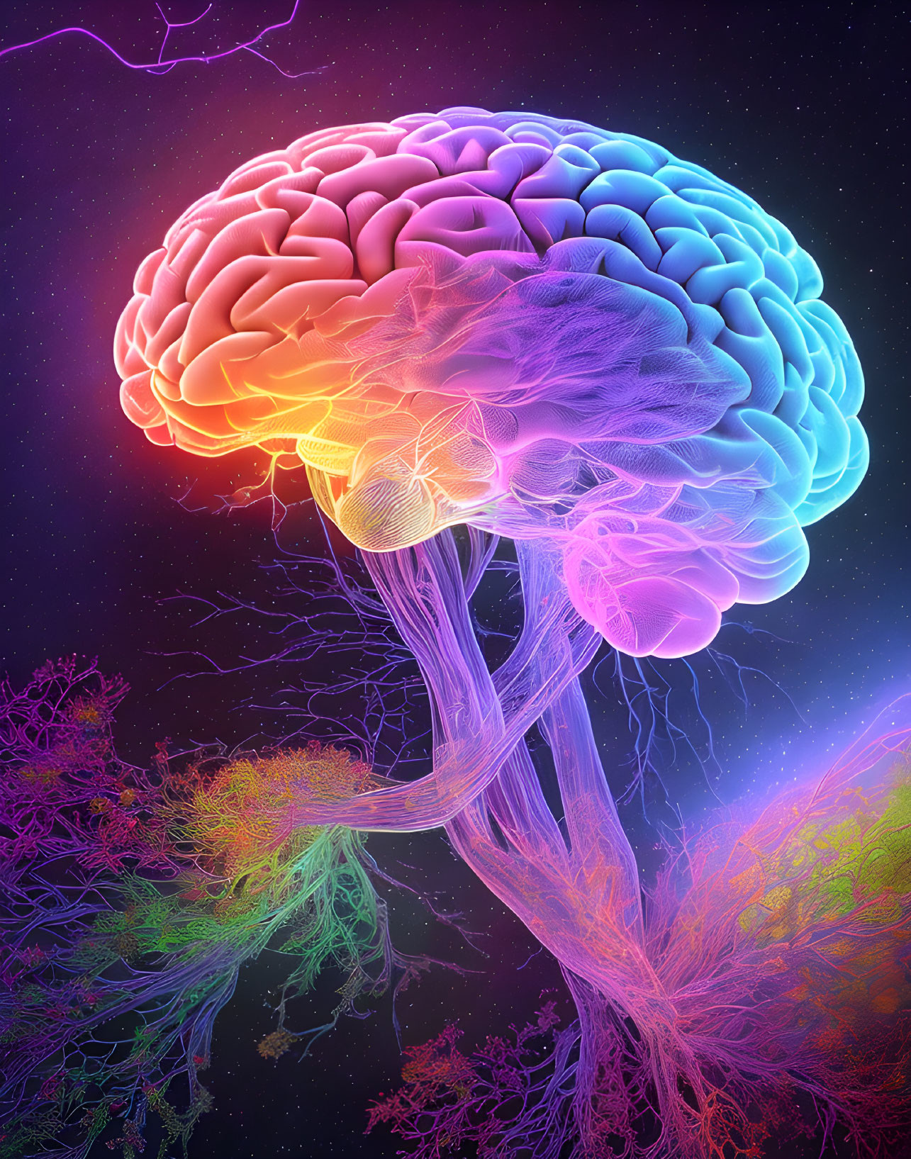 Colorful Human Brain Illustration with Tree-Like Structure in Neon Colors