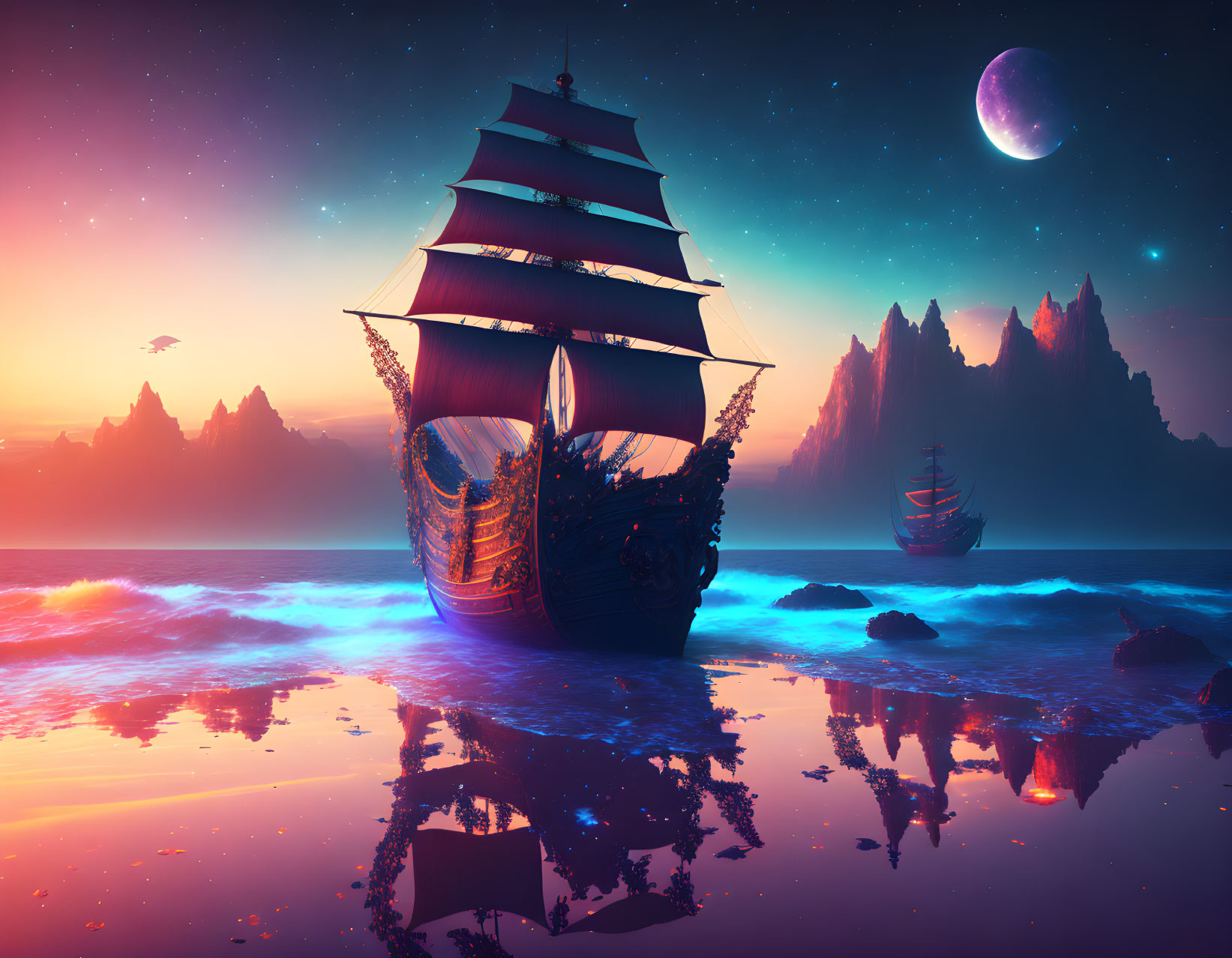 A pirate ship on a mystical sea, 