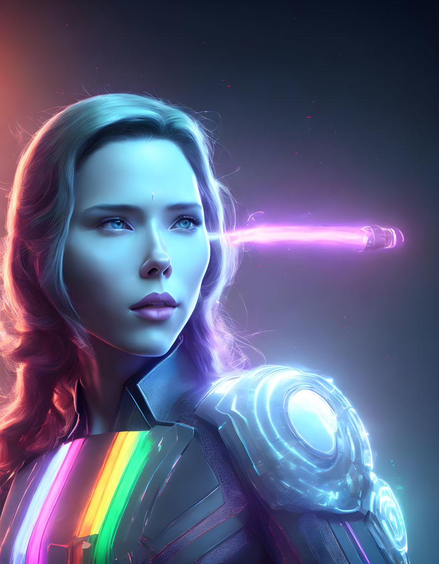 Futuristic digital artwork of a woman in neon armor