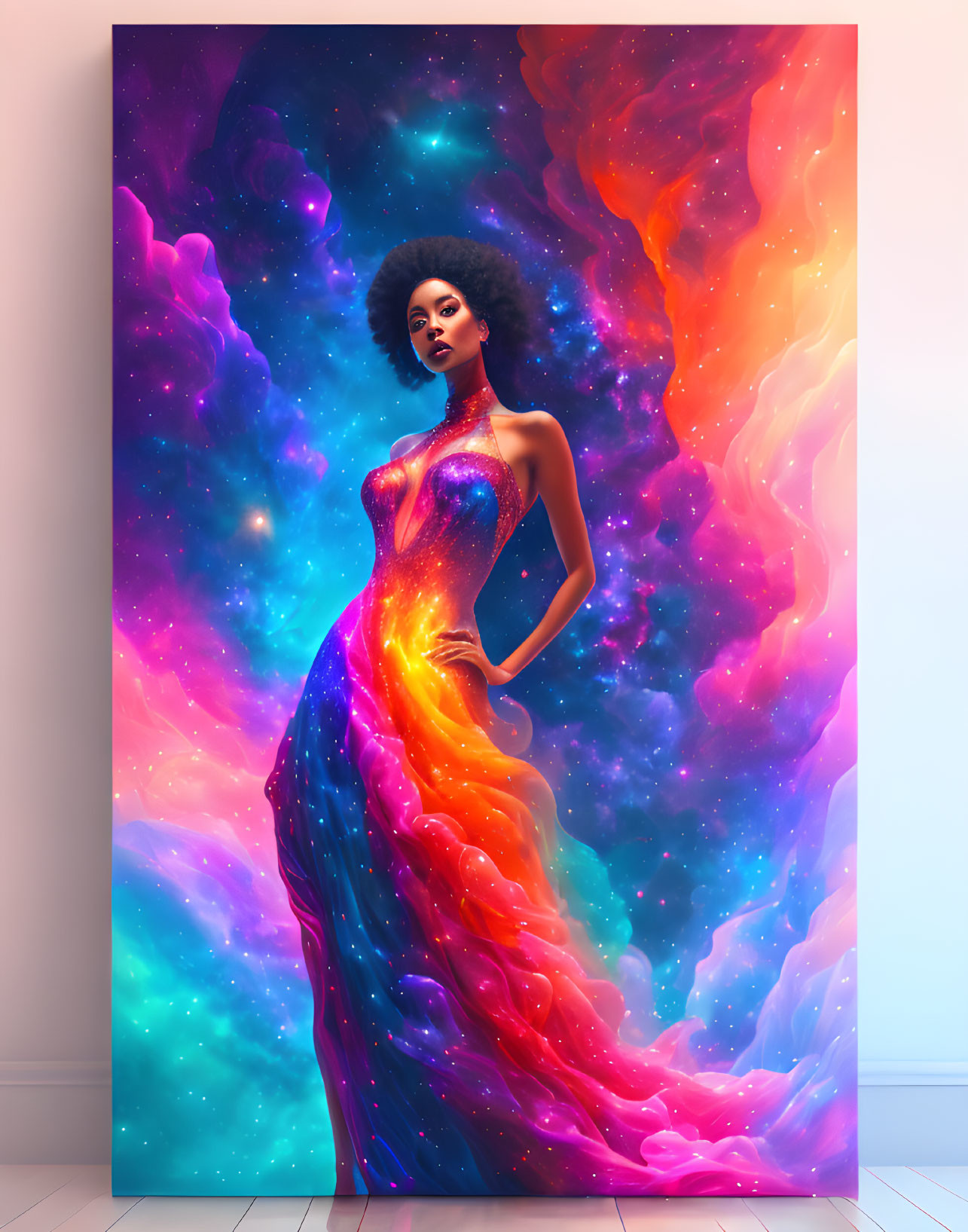 Portrait of woman with afro in vibrant dress against cosmic galaxy background