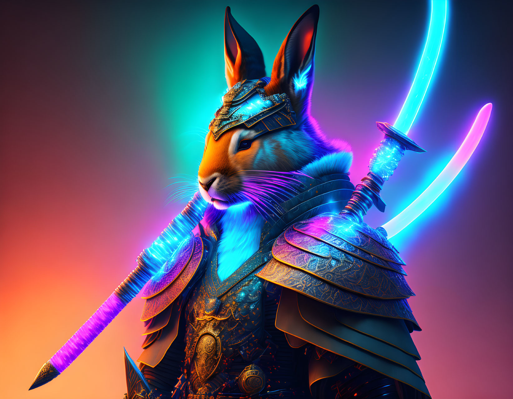 Colorful Digital Artwork: Rabbit in Ornate Armor with Glowing Sword