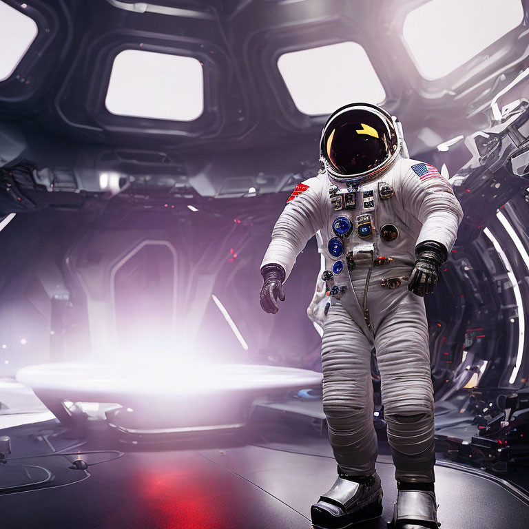 Astronaut in white spacesuit with badges in futuristic spacecraft