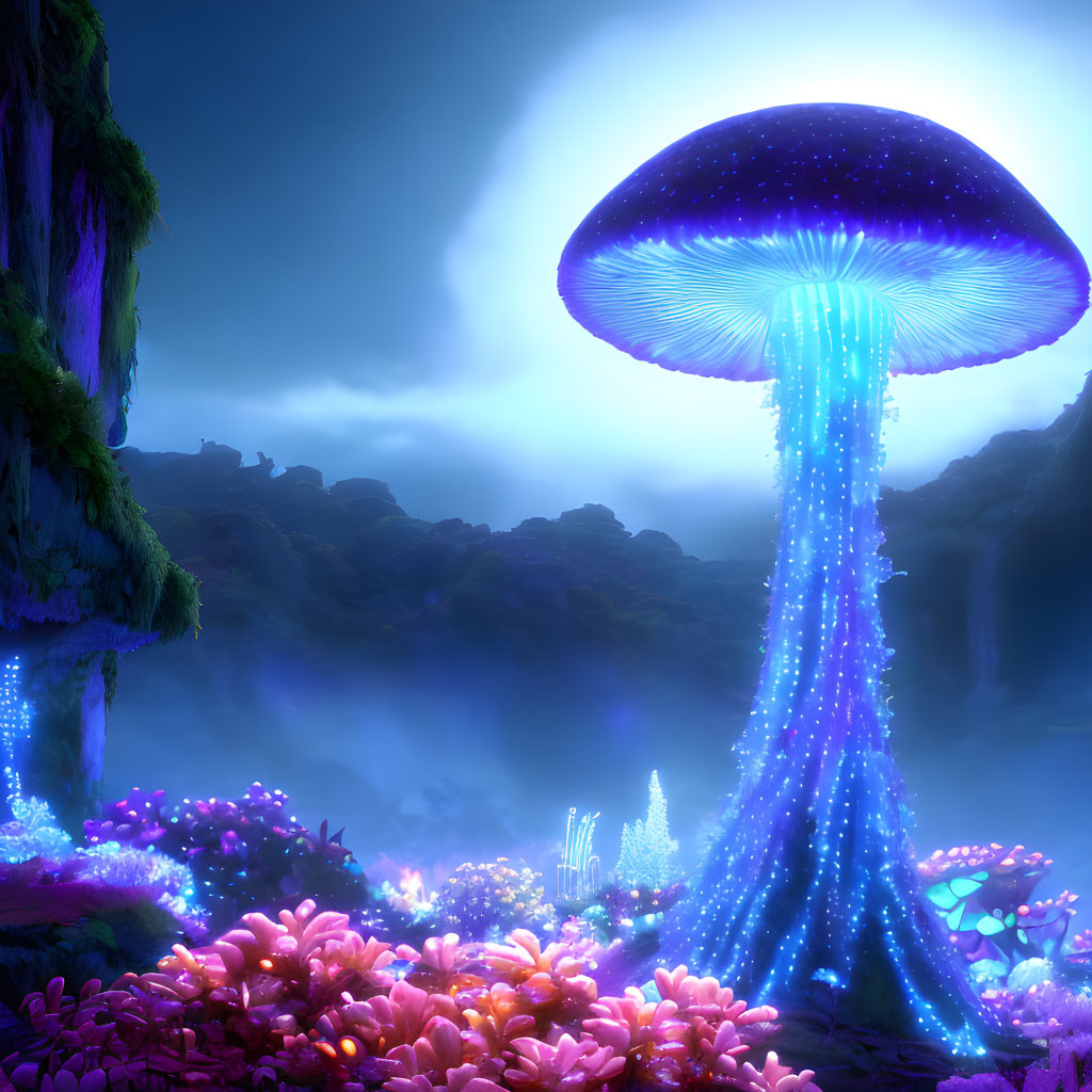 Glowing oversized mushroom in neon landscape under night sky