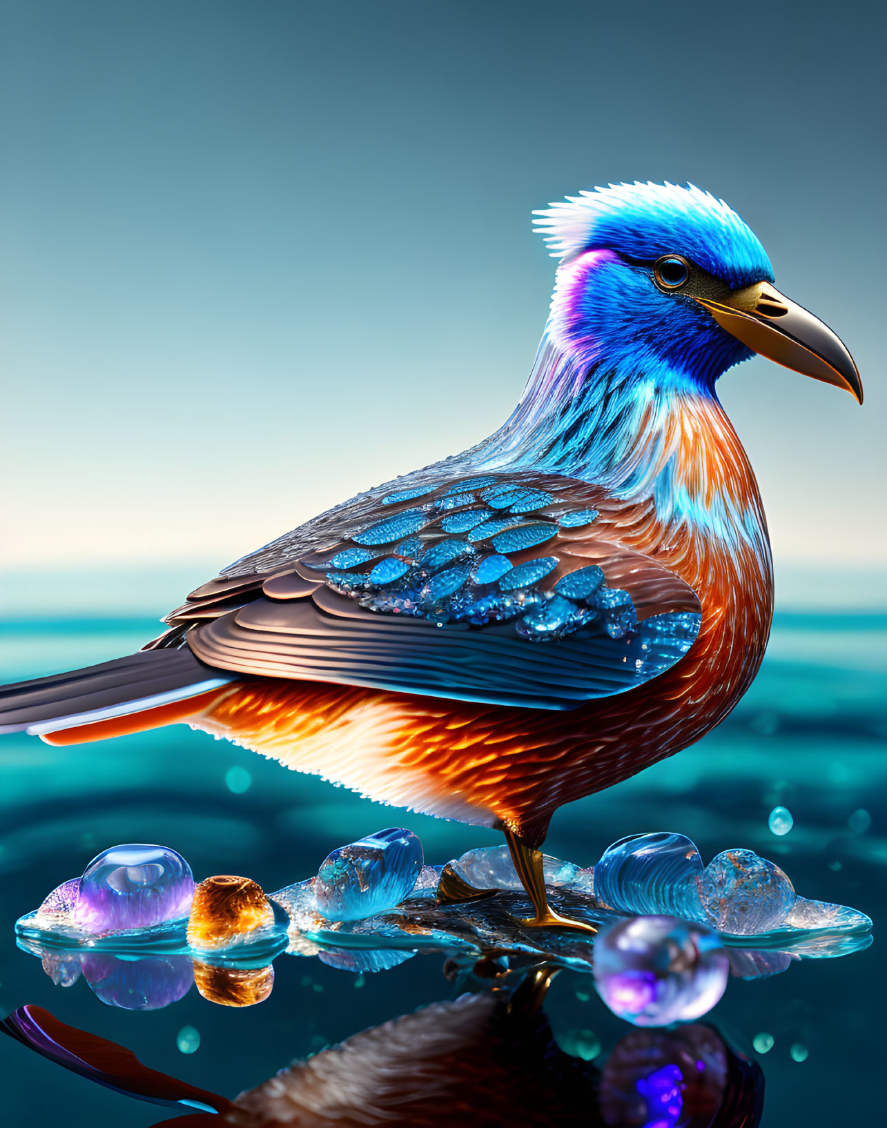 Colorful Bird with Blue Feathers and Metallic Sheen on Turquoise Background