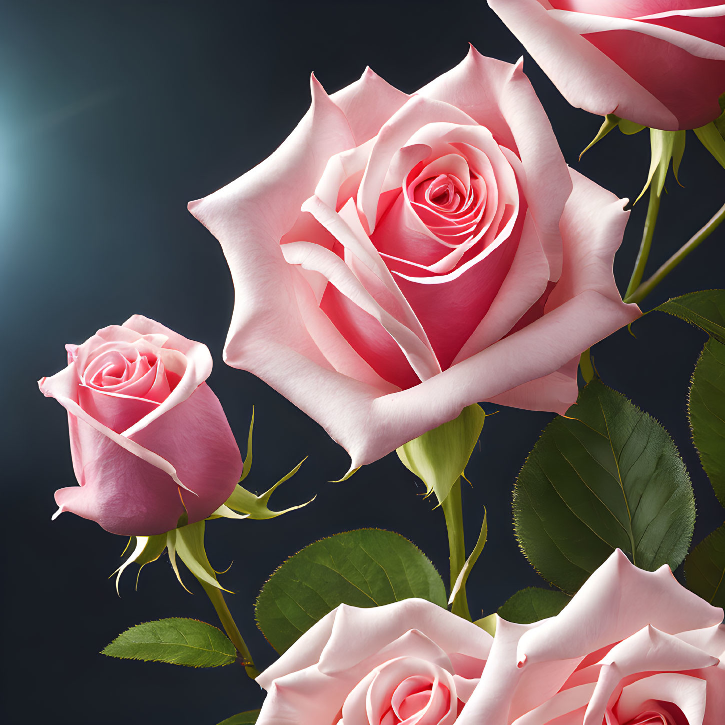 Three pink roses with green leaves on dark background