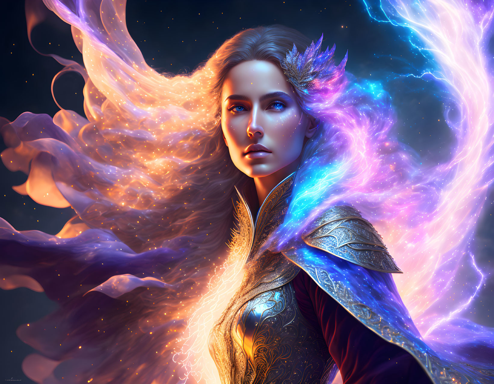 Fantasy digital artwork of woman with glowing ethereal hair and armor