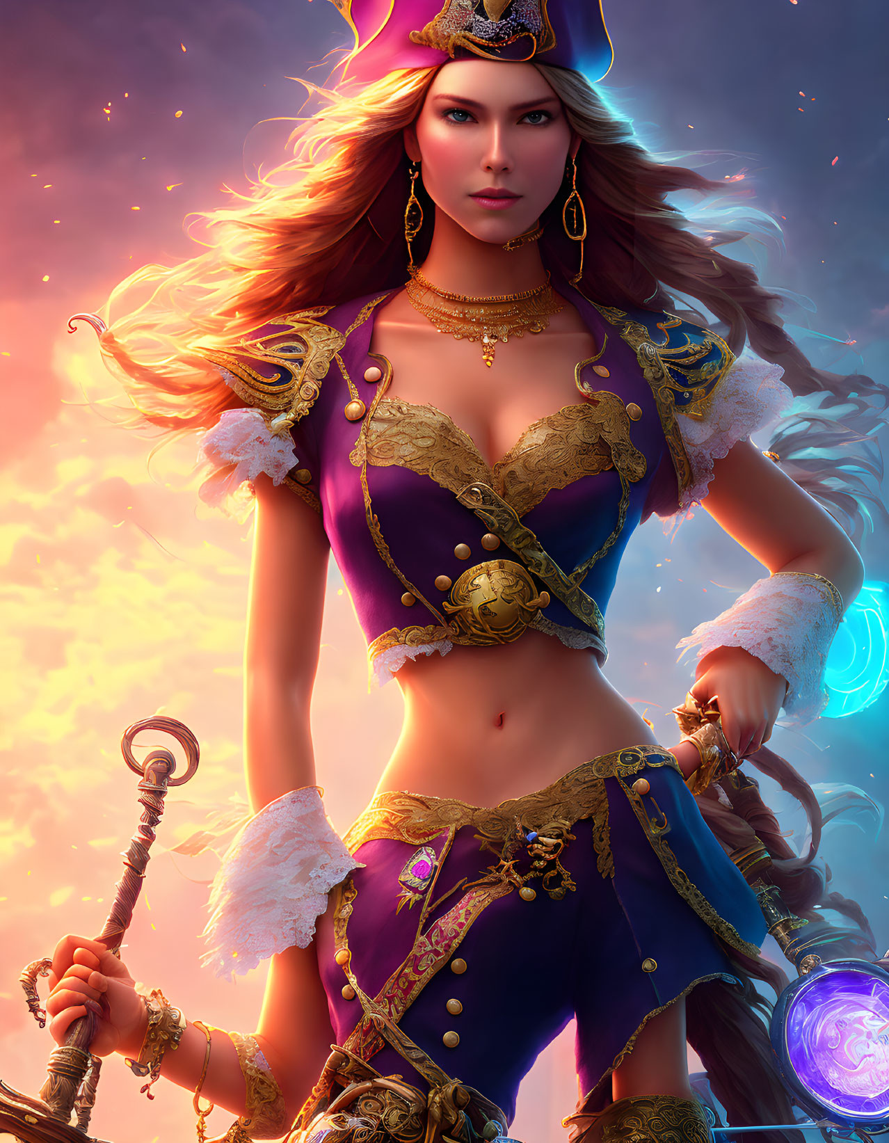 Fantasy pirate captain woman in digital art against sunset sky