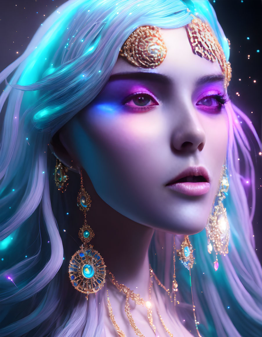 Fantasy portrait: Woman with glowing cyan hair, purple skin, golden headdress, gemstones,