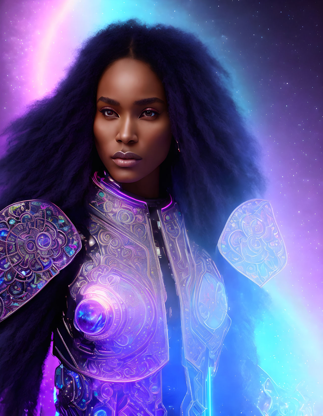 Striking Woman in Futuristic Armor with Cosmic Background