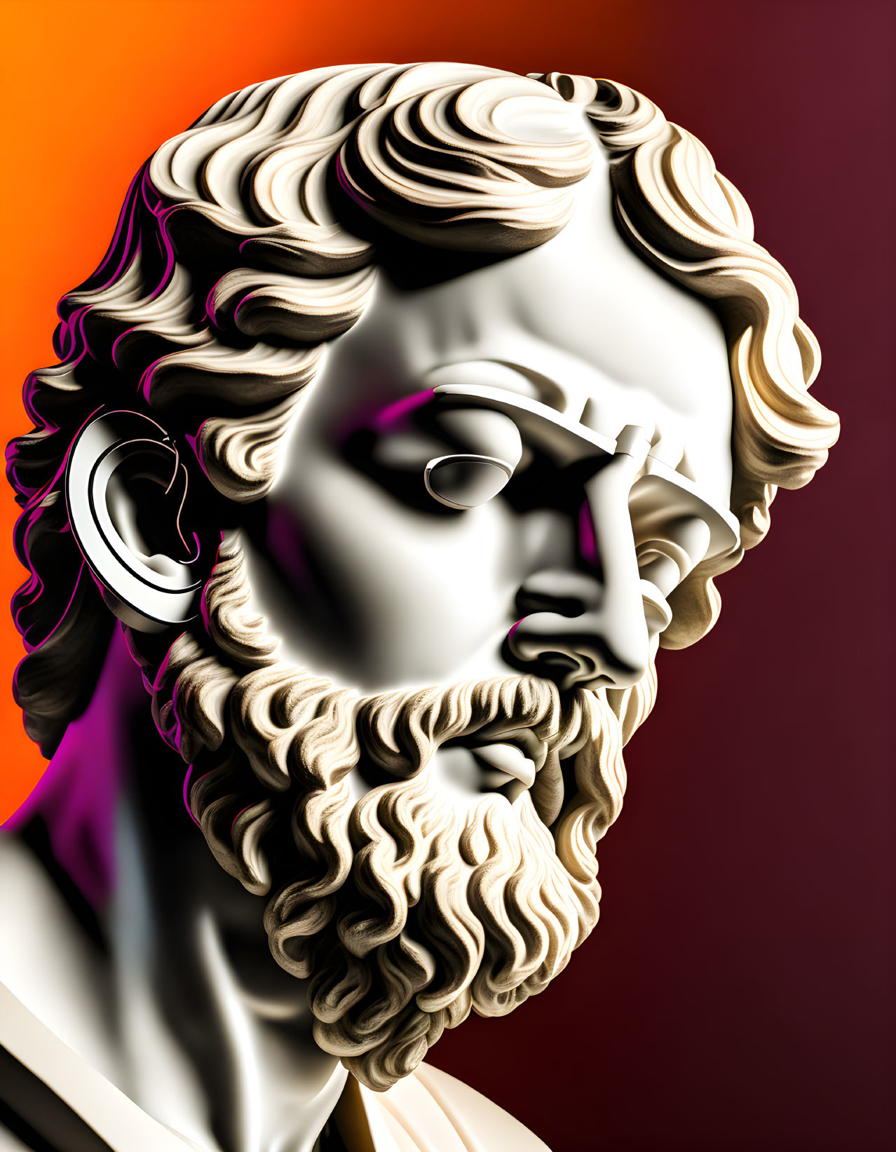 Classical Greek sculpture of bearded male on colorful gradient.