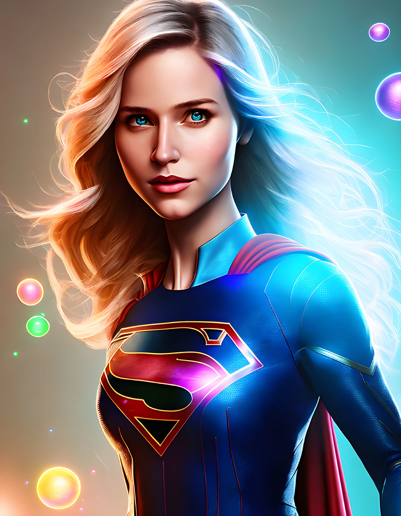 Female superhero portrait with 'S' logo, colorful orbs, luminous backdrop