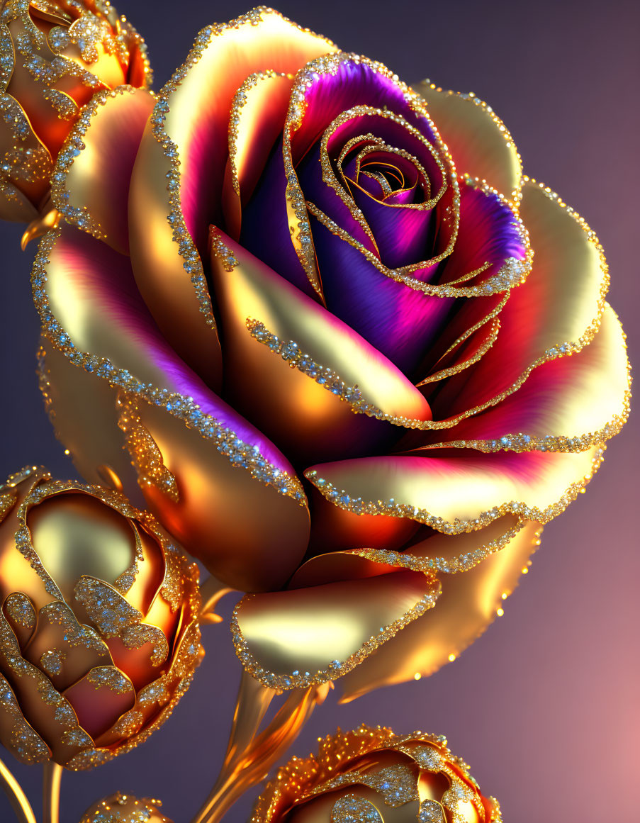 Multicolored roses with golden edges and glitter on warm soft-focus background