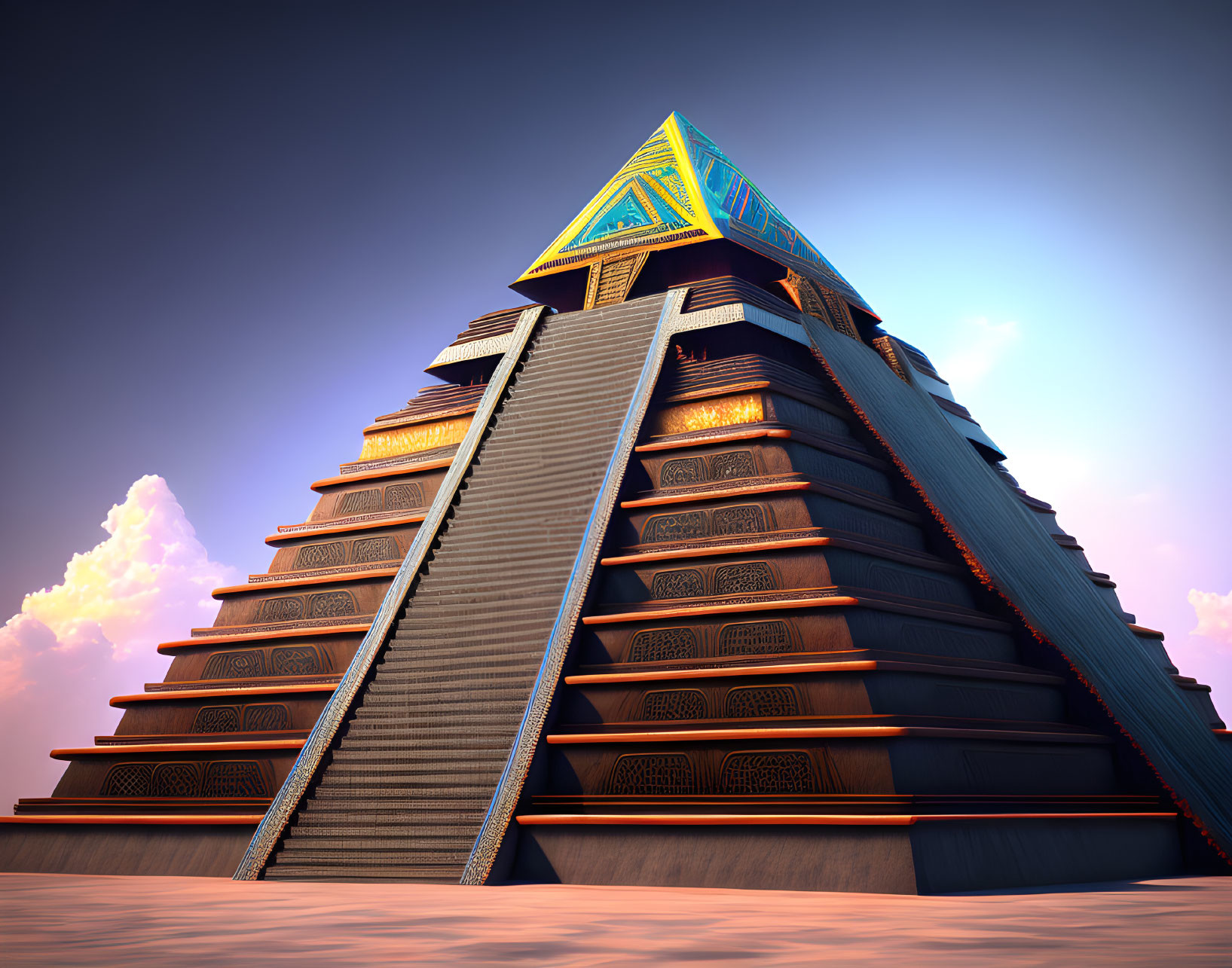 Mesoamerican Pyramid with Intricate Designs under Pastel Sky