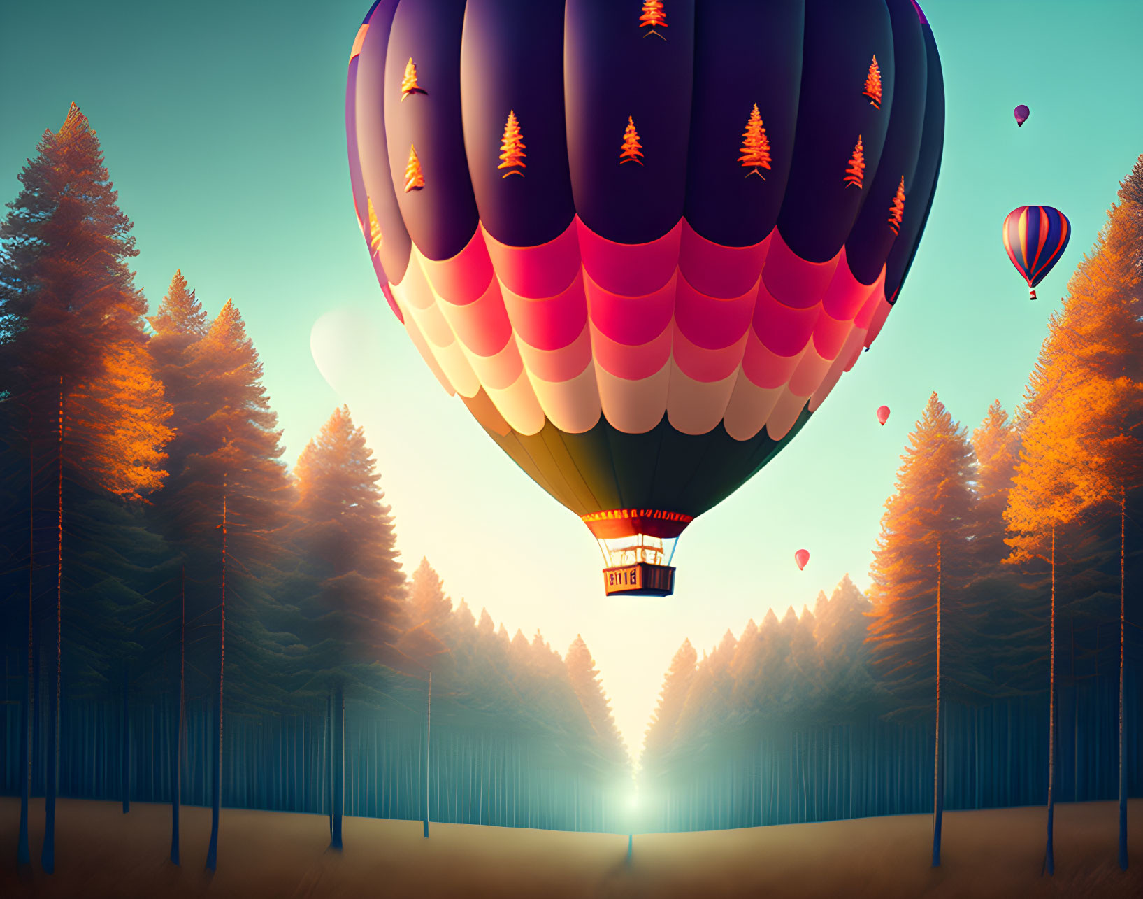 Hot air balloons over autumn forest at sunrise or sunset