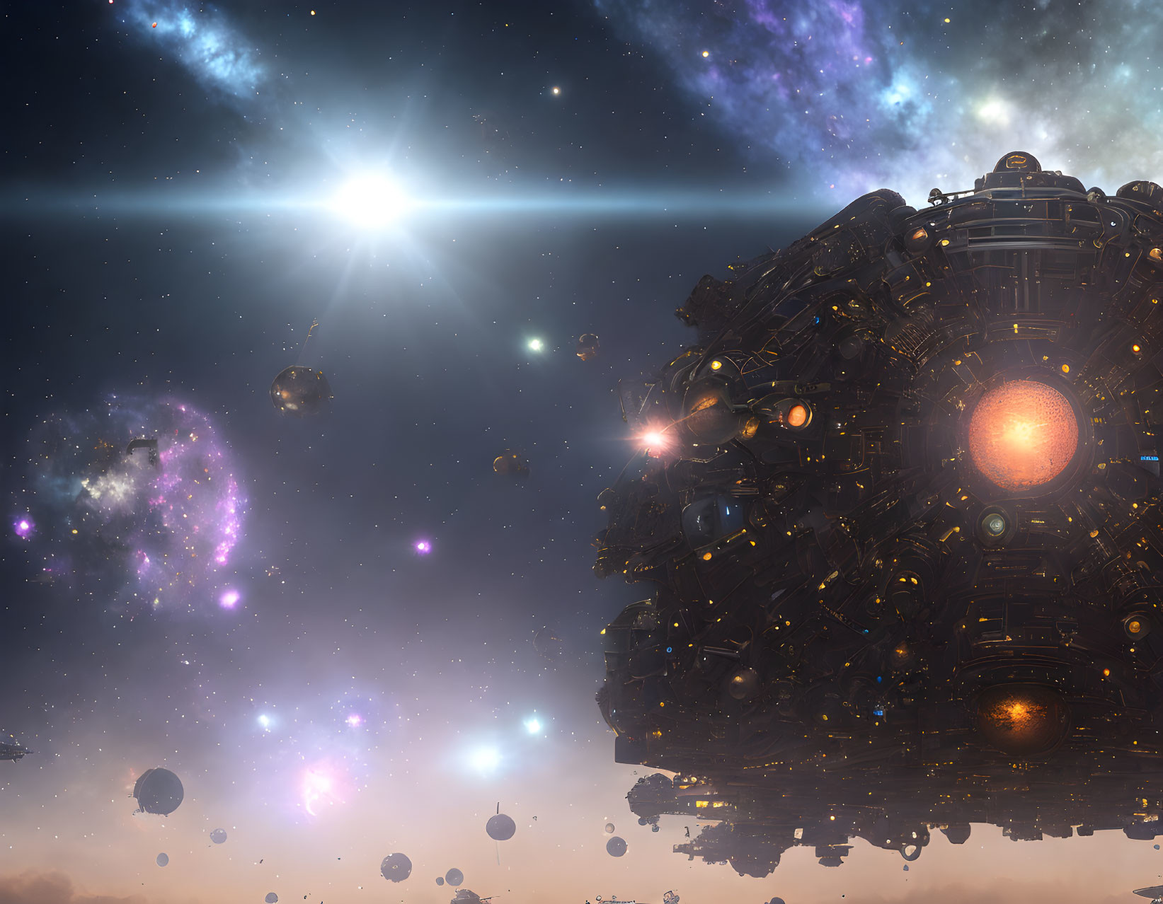 Intricate spherical spaceship among stars and nebulae