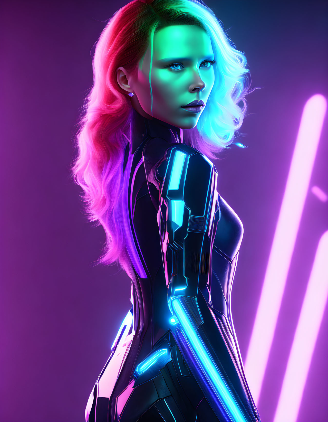 Futuristic woman in neon-lit hair and armor with glowing tubes background.