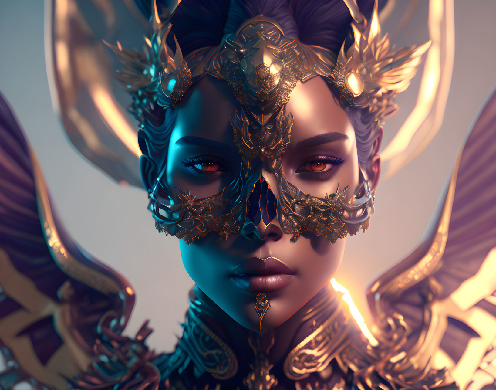 Elaborate Golden Headgear and Mask on 3D Person Illustration