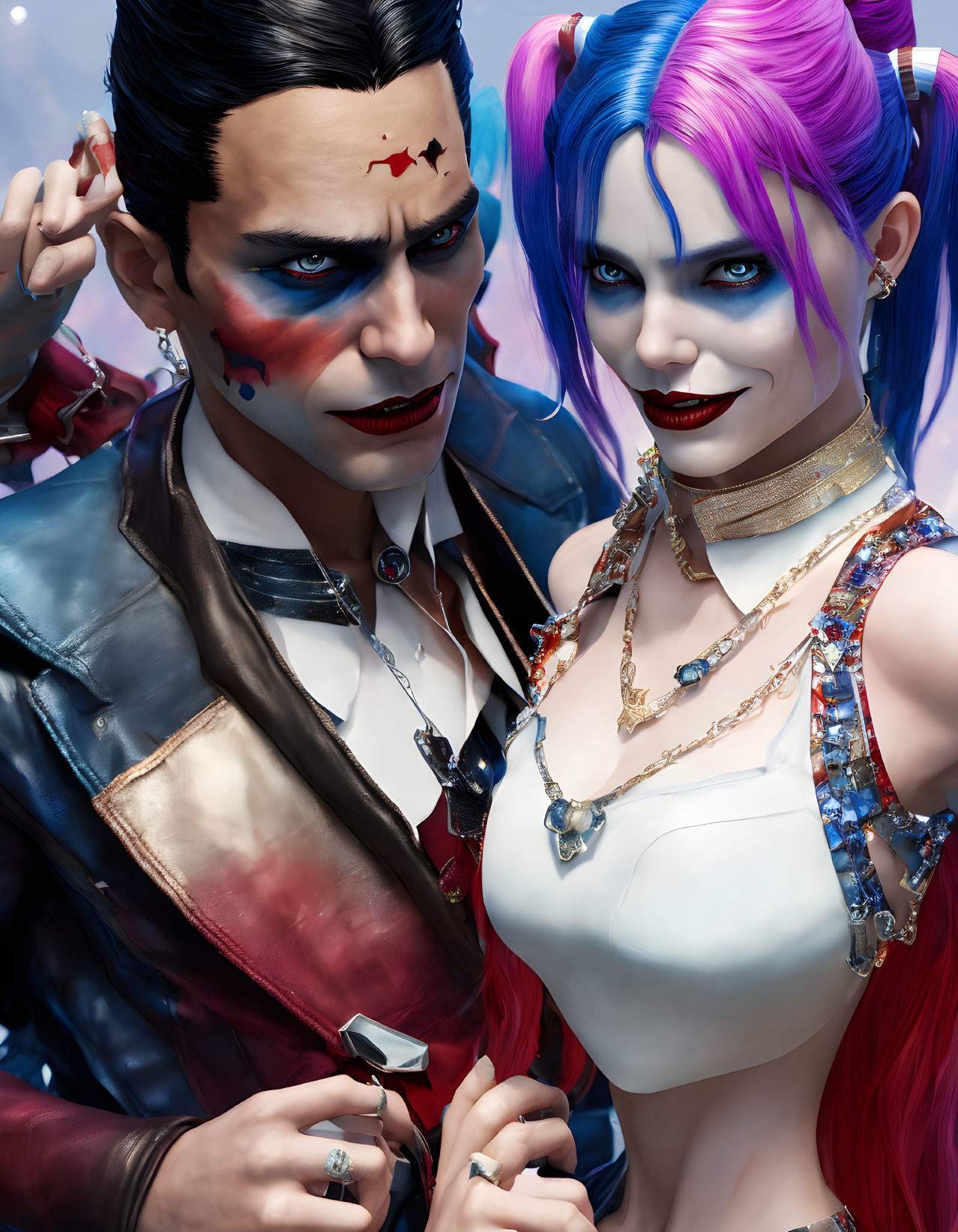 Stylized characters with Joker and Harley Quinn-inspired makeup, colorful hair, tattoos, and punk jewelry