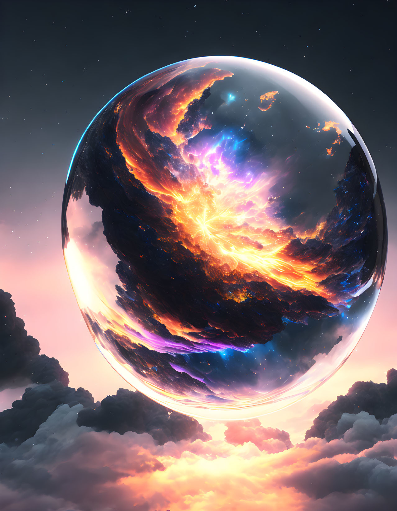 Colorful cosmic sphere above clouds with blues, oranges, and purples