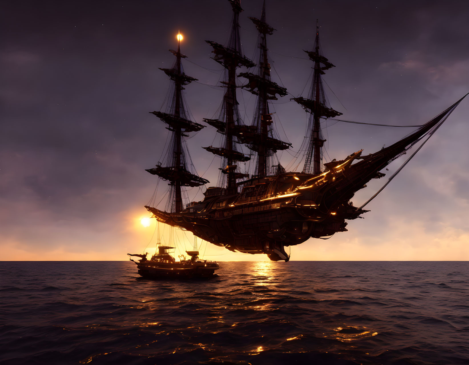 Majestic sailing ship with glowing lights above the sea at sunset