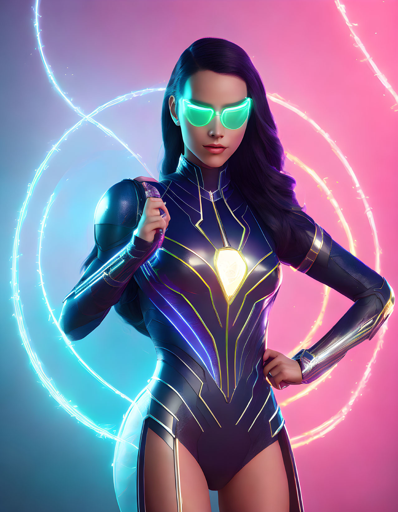 Futuristic female character with neon suit and visor glasses