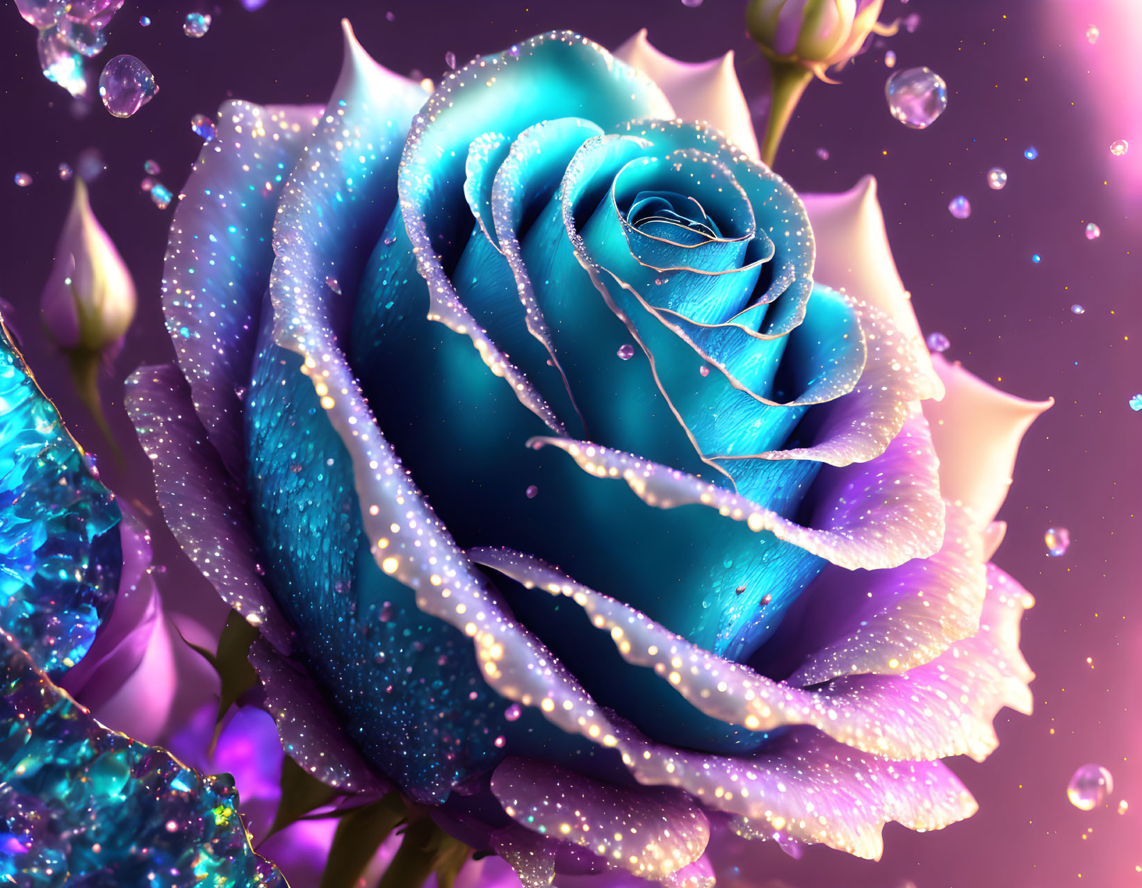 Vivid Blue Rose with Dewdrops on Purple Background and Pink Petals