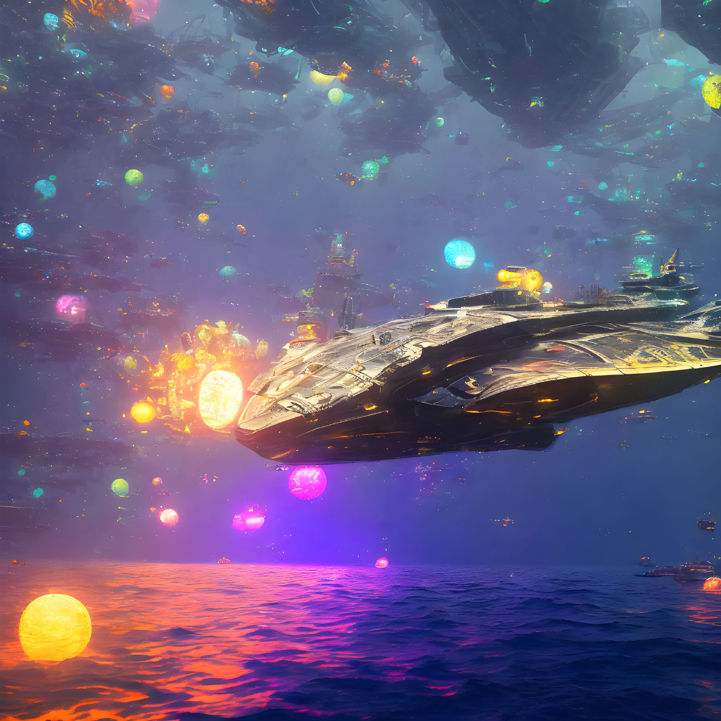 Colorful alien ocean under spacecraft-filled sky with floating debris.