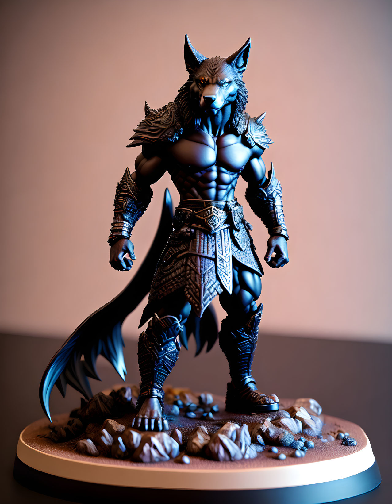 Muscular anthropomorphic wolf warrior figurine in armor on rocky base