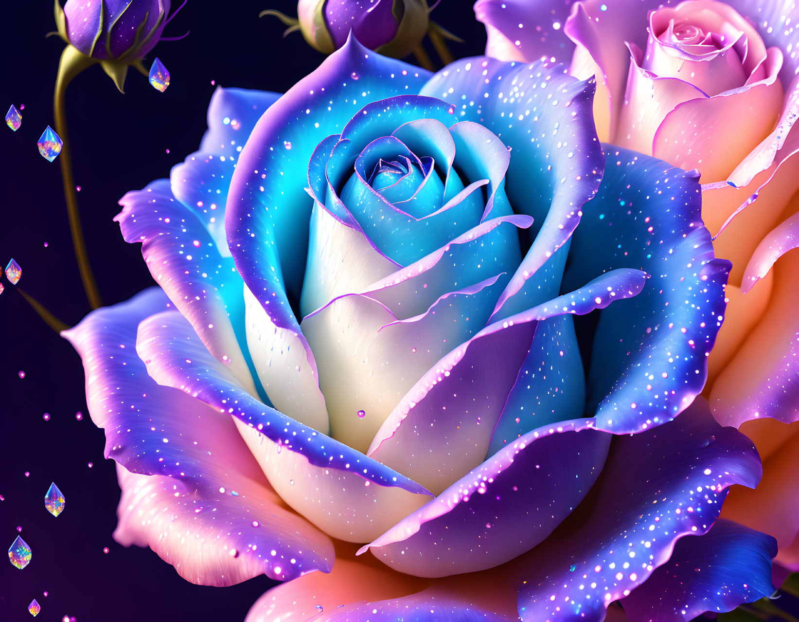 Digitally-altered roses with blue and purple gradient and sparkling droplets on dark background.