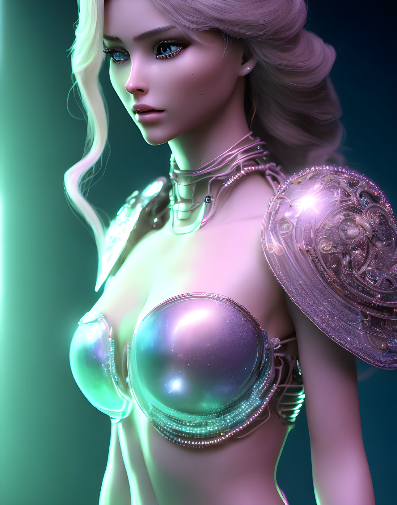 Female Figure in Silver Futuristic Armor with Glowing Elements and Blonde Hair on Blue-Green Background