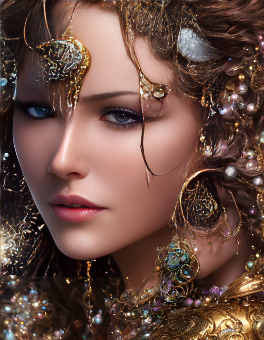 Fantasy portrait of a woman with gold jewelry and pearls