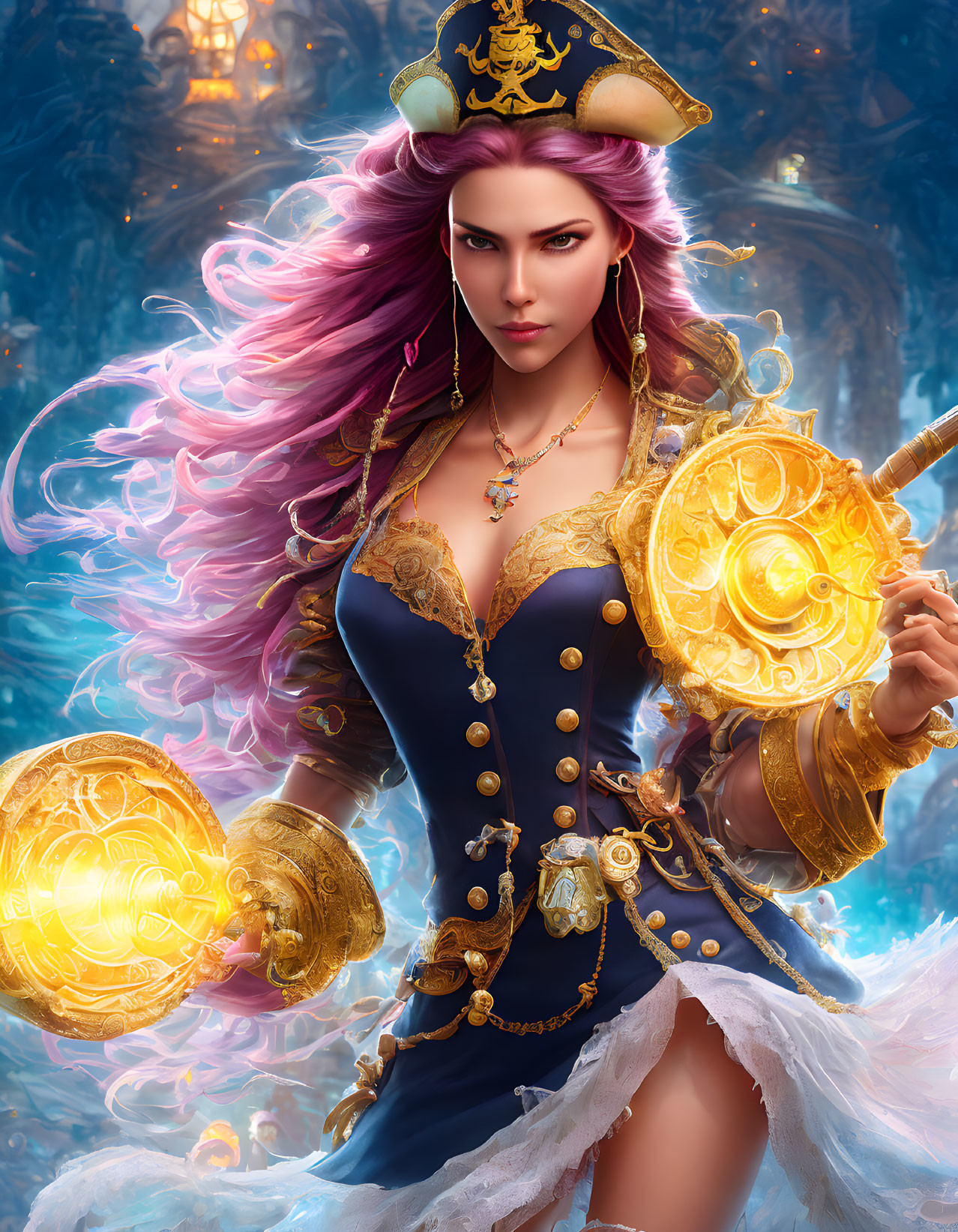 Majestic female character with purple hair and glowing golden shields in navy and gold military outfit