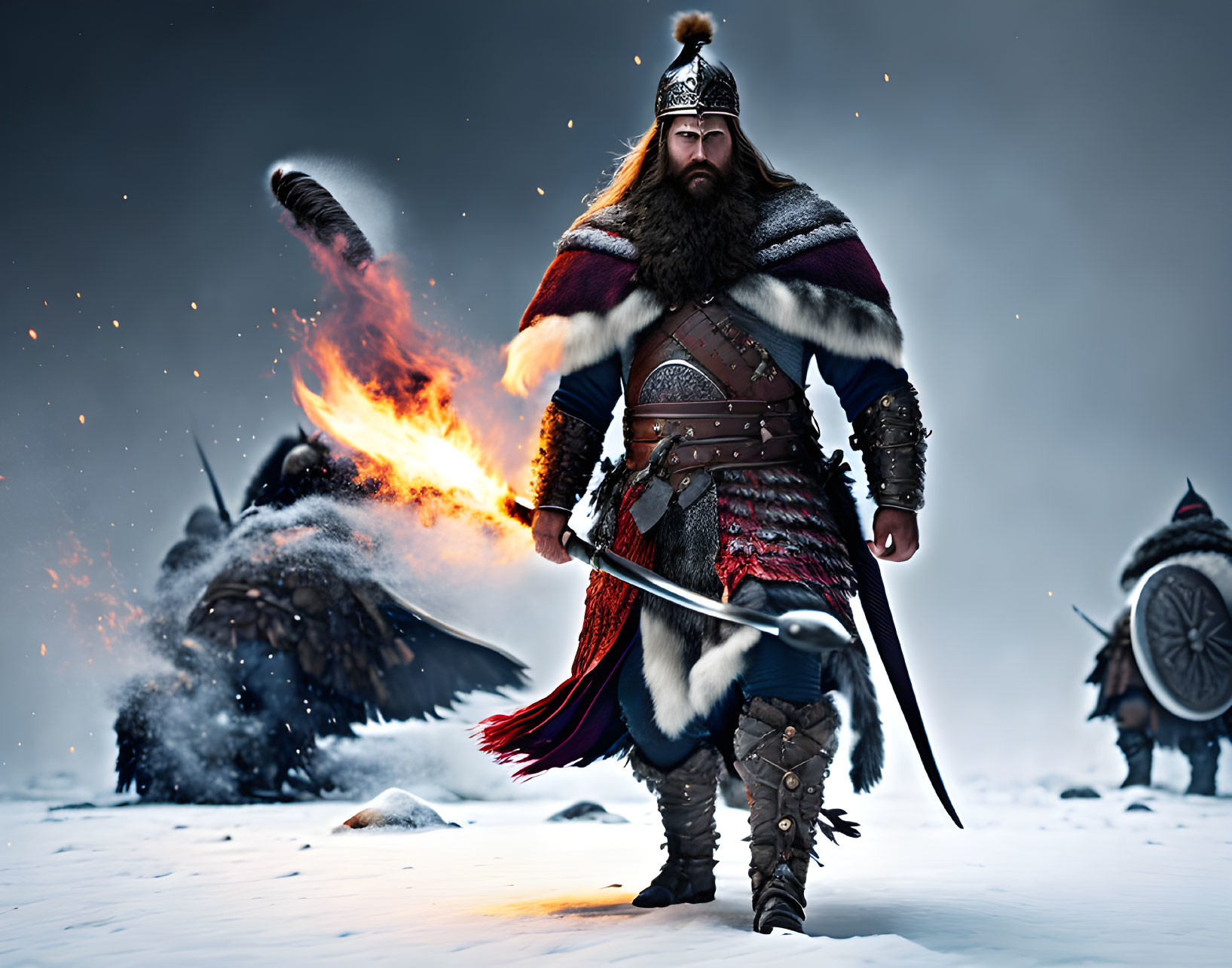 Bearded Viking warrior with sword and torch on snowy battlefield