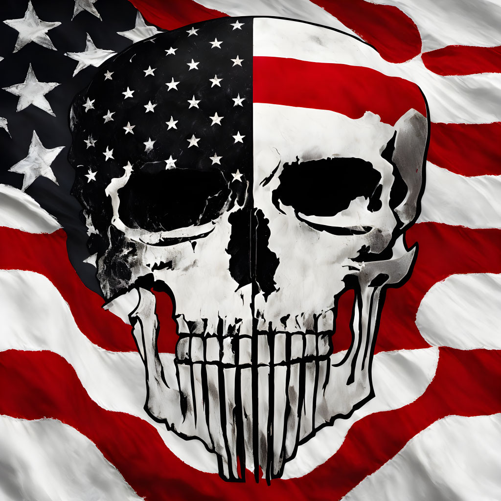 Stylized skull with American flag motif in dark, patriotic theme