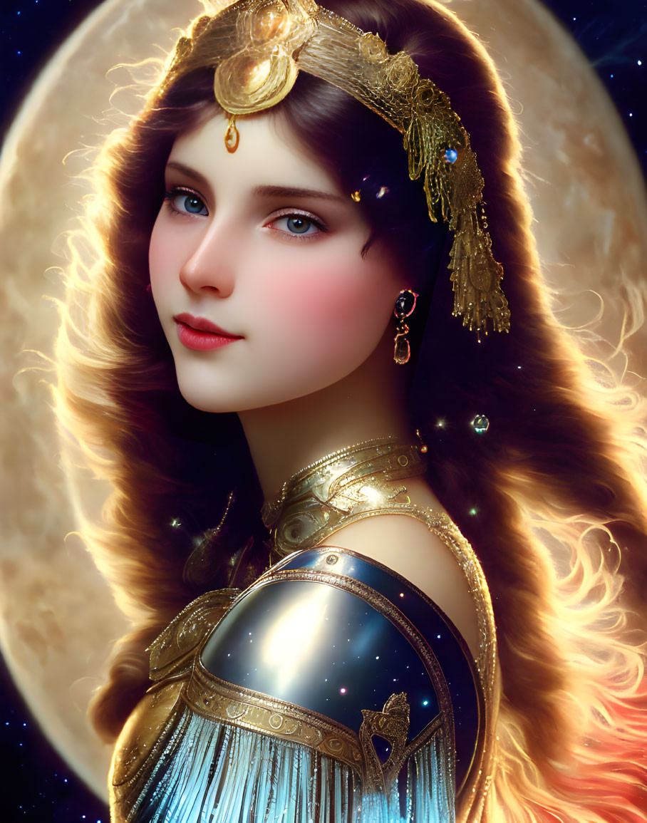 Fantasy portrait of a woman in celestial-themed armor with golden headwear and moon backdrop