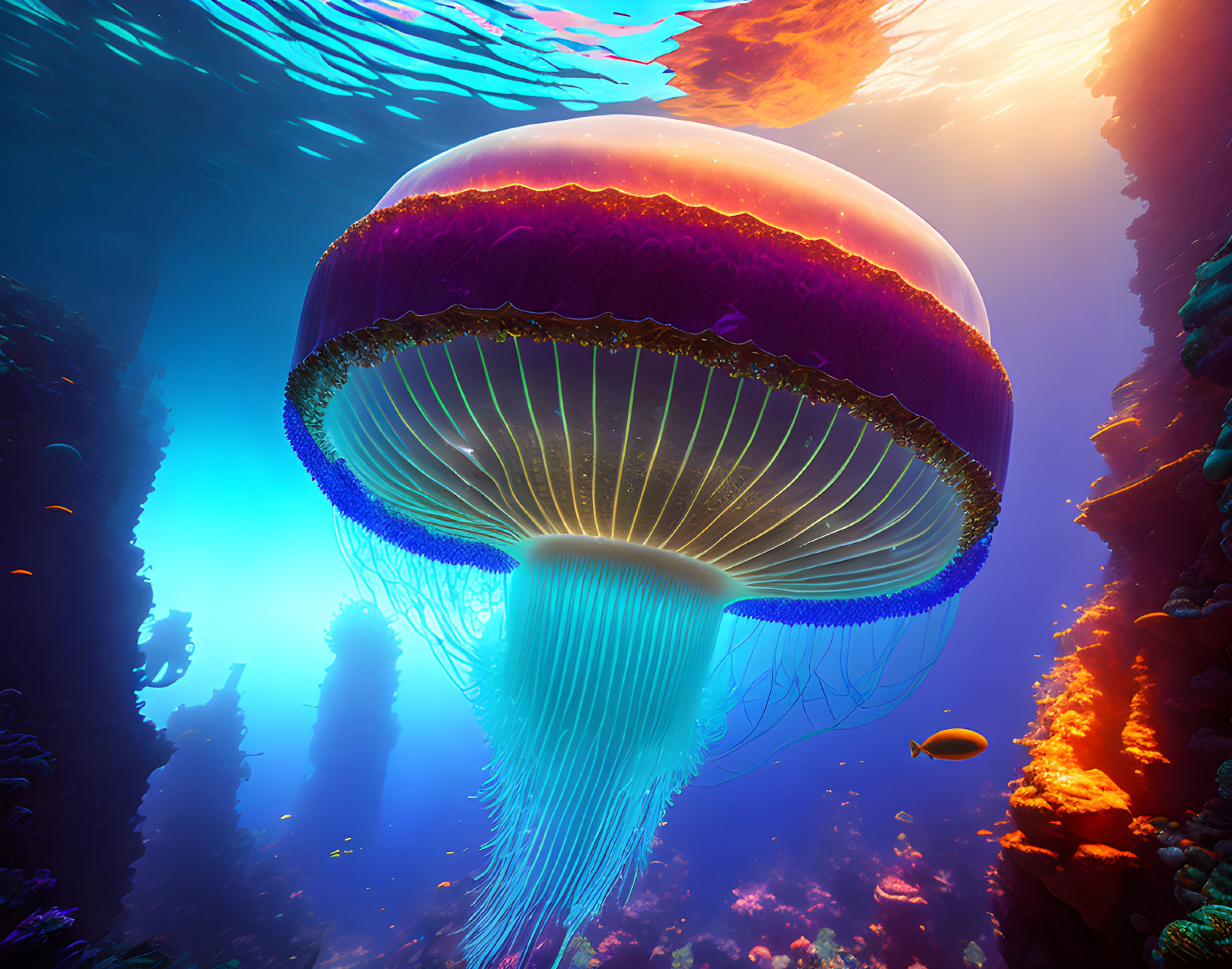 Colorful Underwater Scene with Vibrant Jellyfish and Marine Life