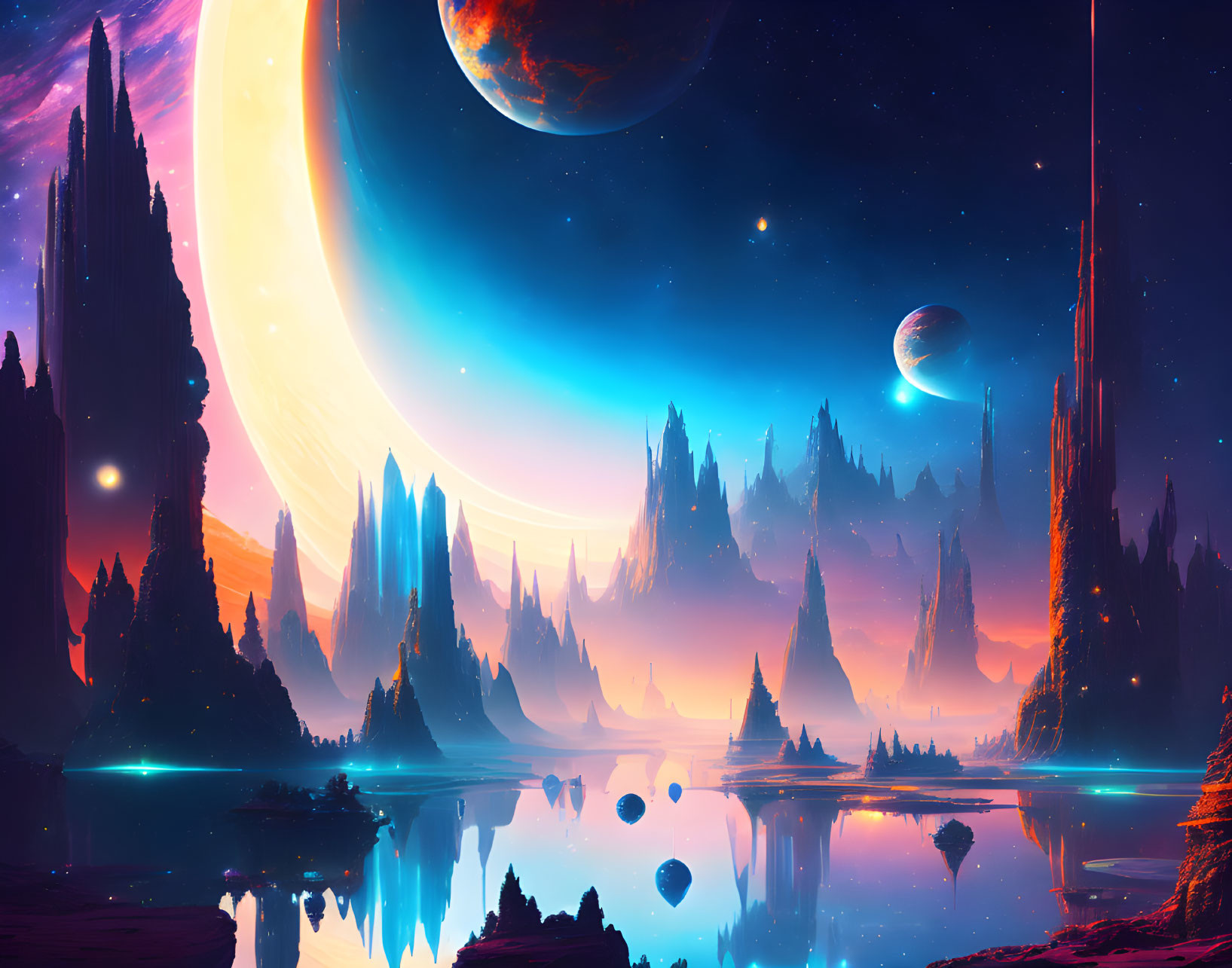 Colorful Alien Landscape with Rock Formations and Celestial Bodies