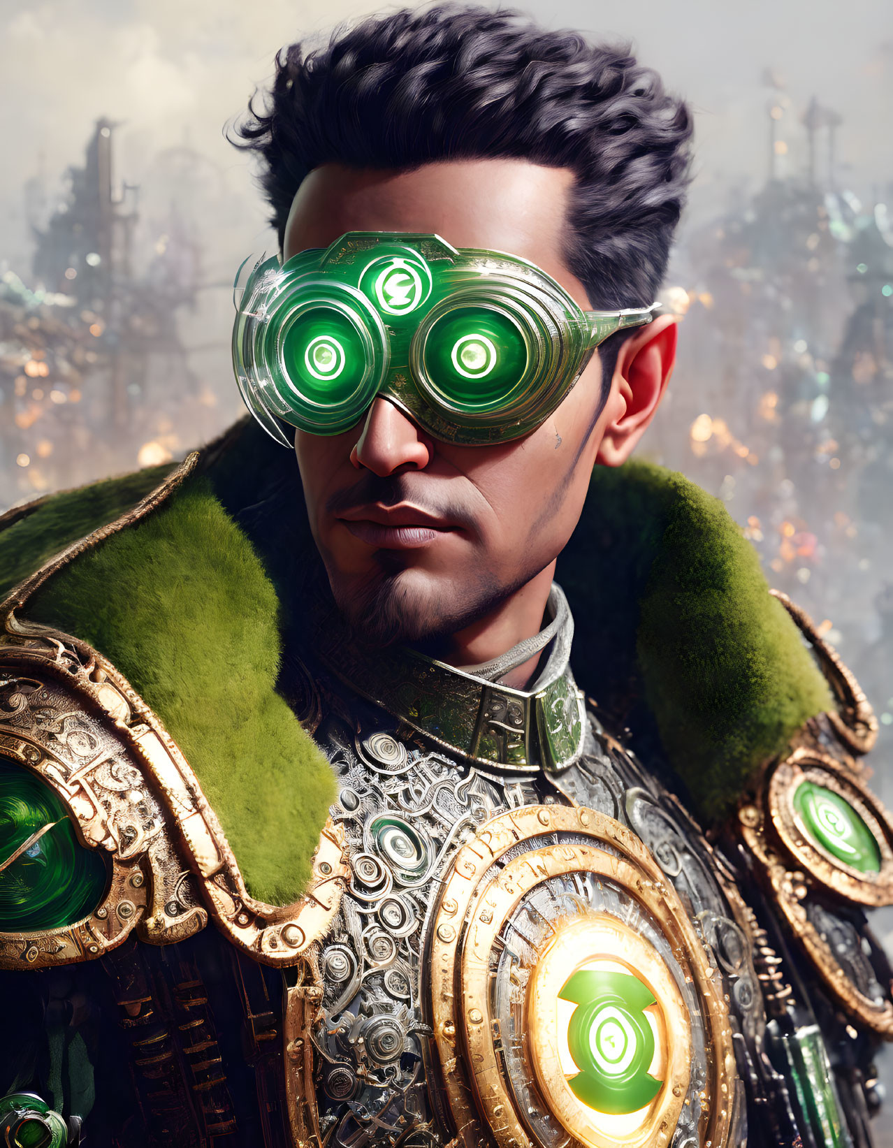 Futuristic city scene with man in green high-collar cape and mechanical armor