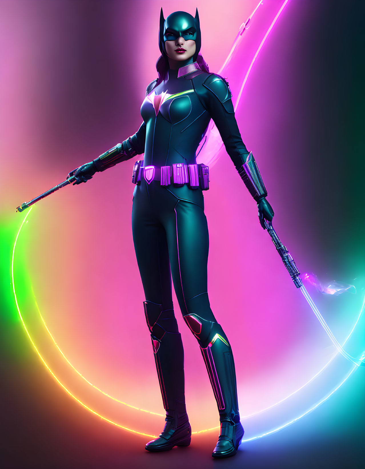 Female superhero in black costume with purple accents holding a staff on neon-lit background