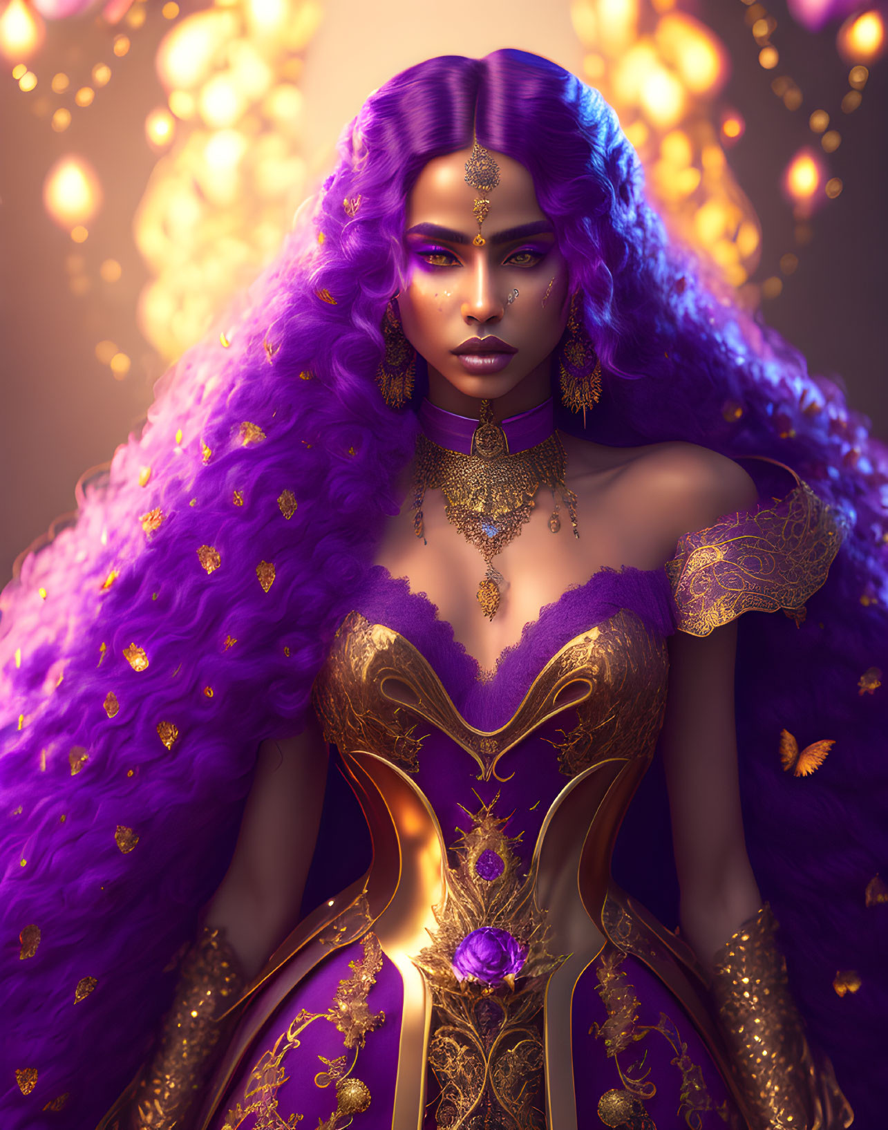 Regal figure with voluminous purple hair in golden gown surrounded by butterflies