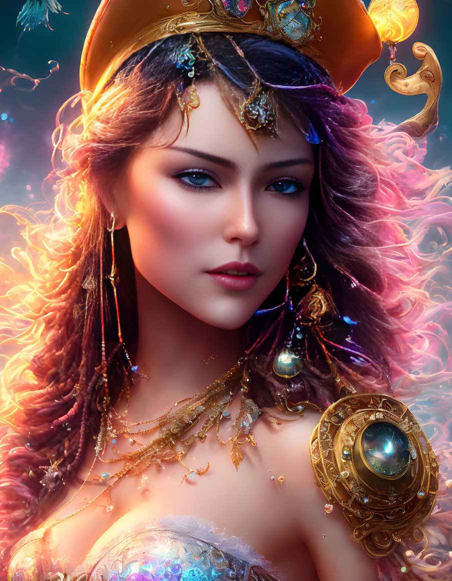 Fantasy portrait of woman with blue eyes and gold jewelry in swirling pink and golden light