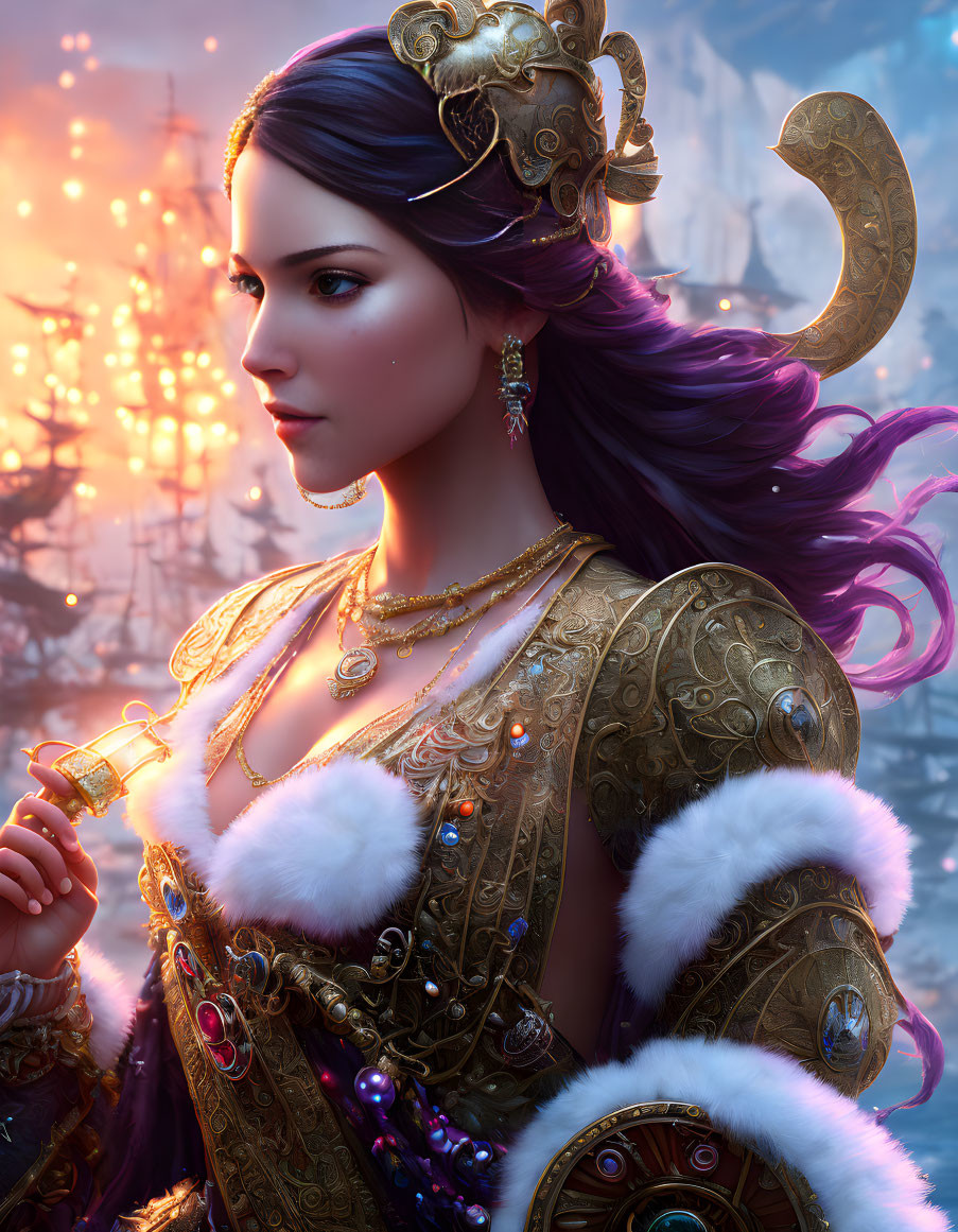 Regal woman with violet hair in golden armor and snowy landscape