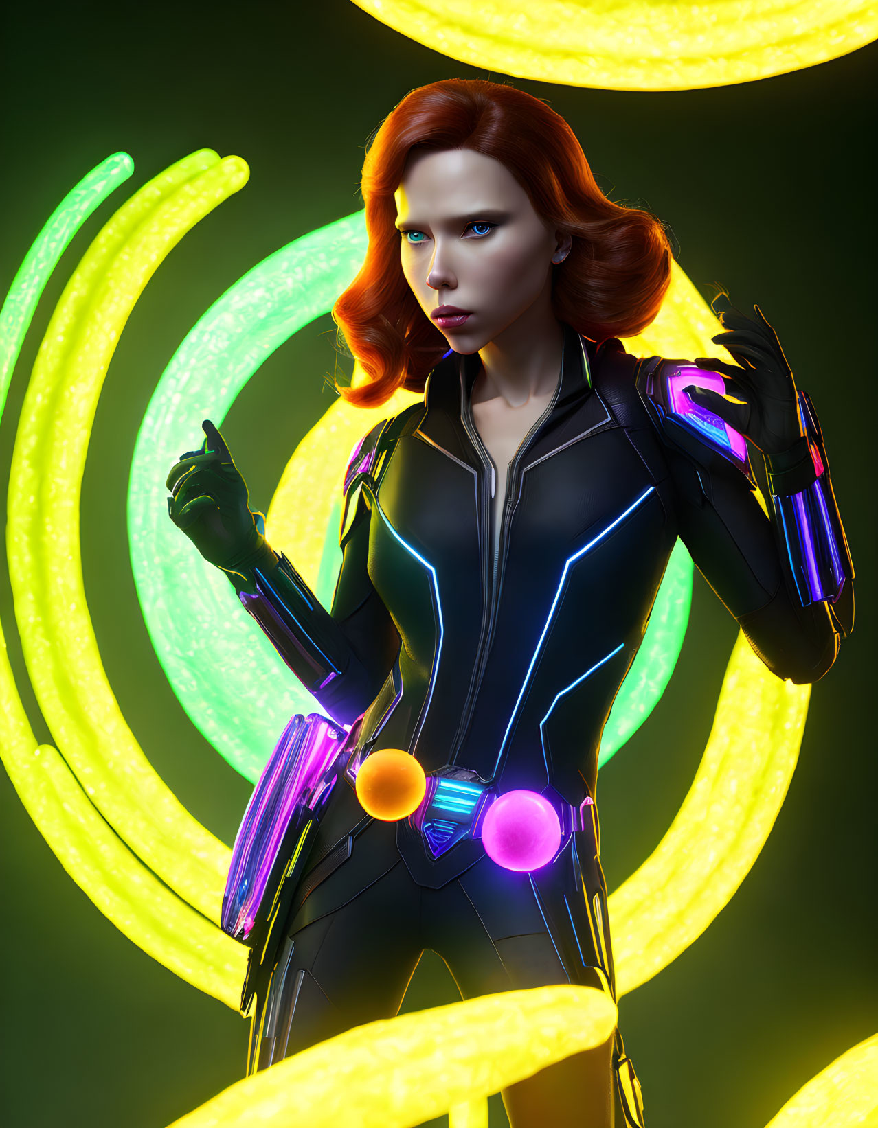 Futuristic 3D-rendered image of confident woman with red hair in black suit against neon