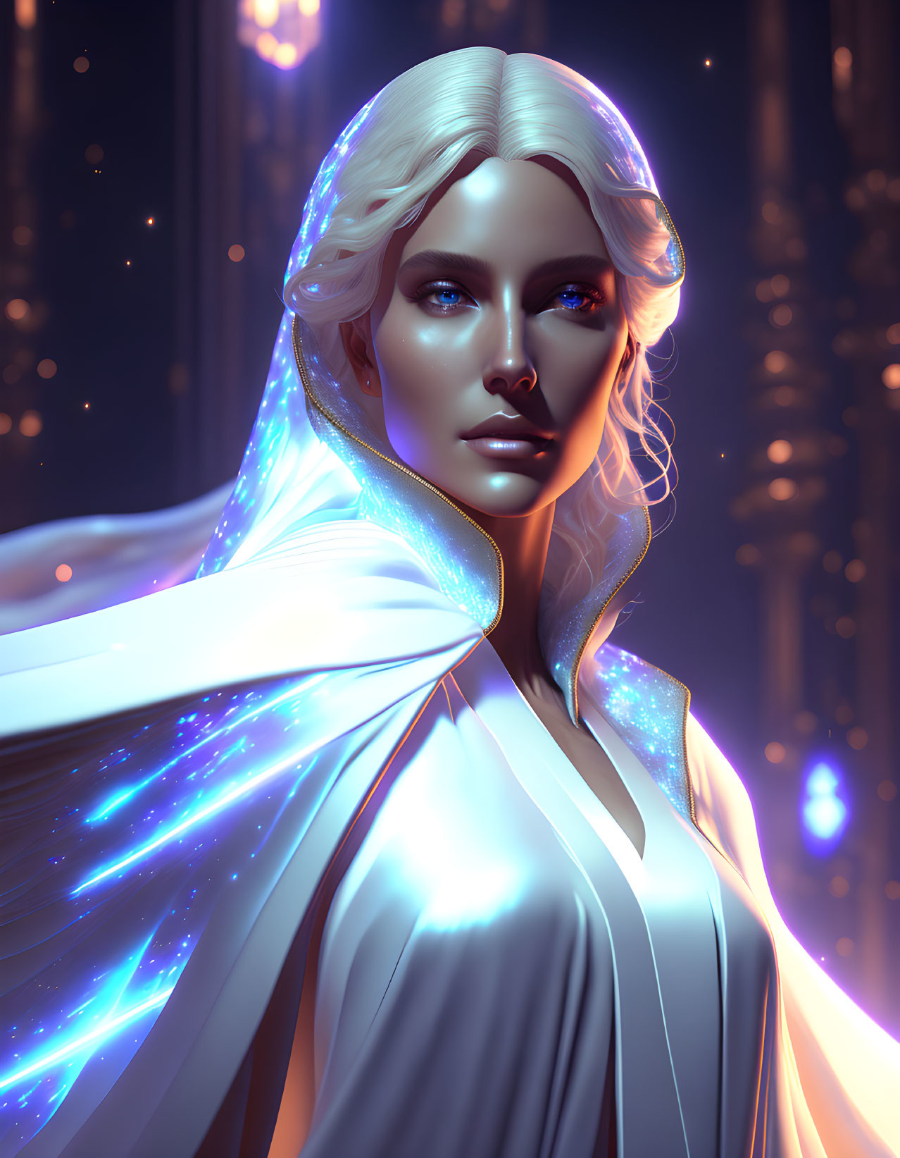 Digital artwork: Woman with white hair & glowing blue cloak on dark background