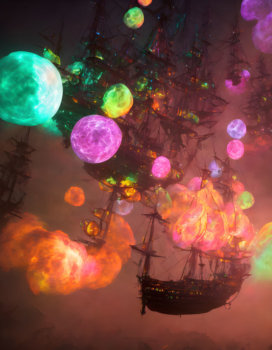 Antique ships floating among glowing orbs in surreal scene