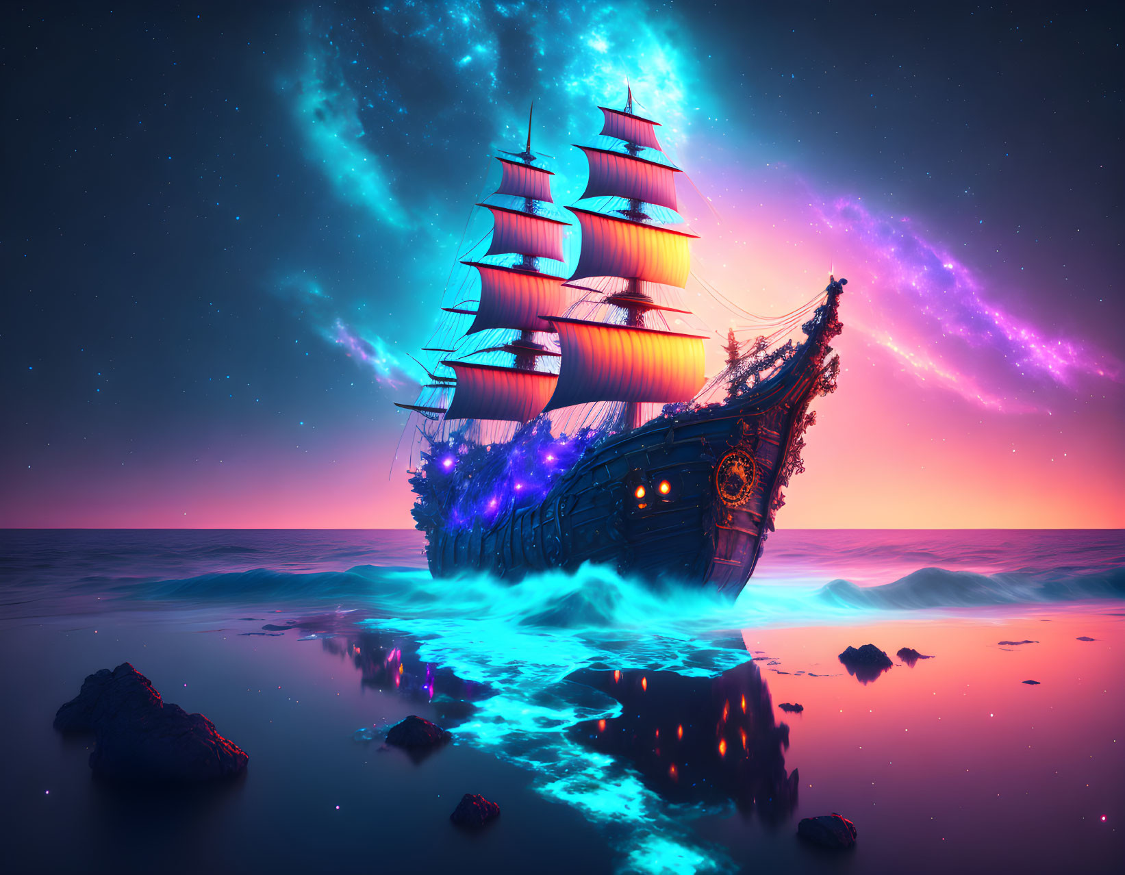 Sailing ship under vibrant starry night sky