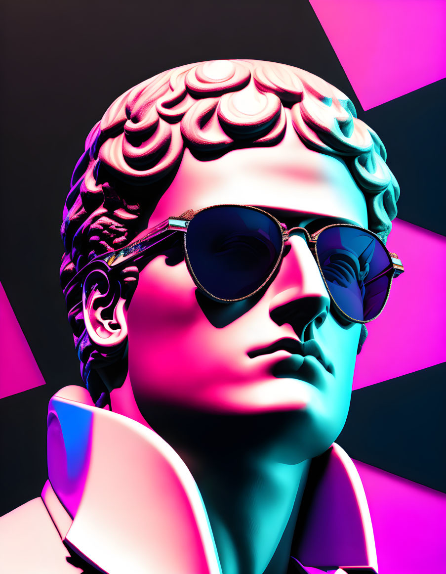 Classical sculpture with sunglasses on vibrant geometric backdrop