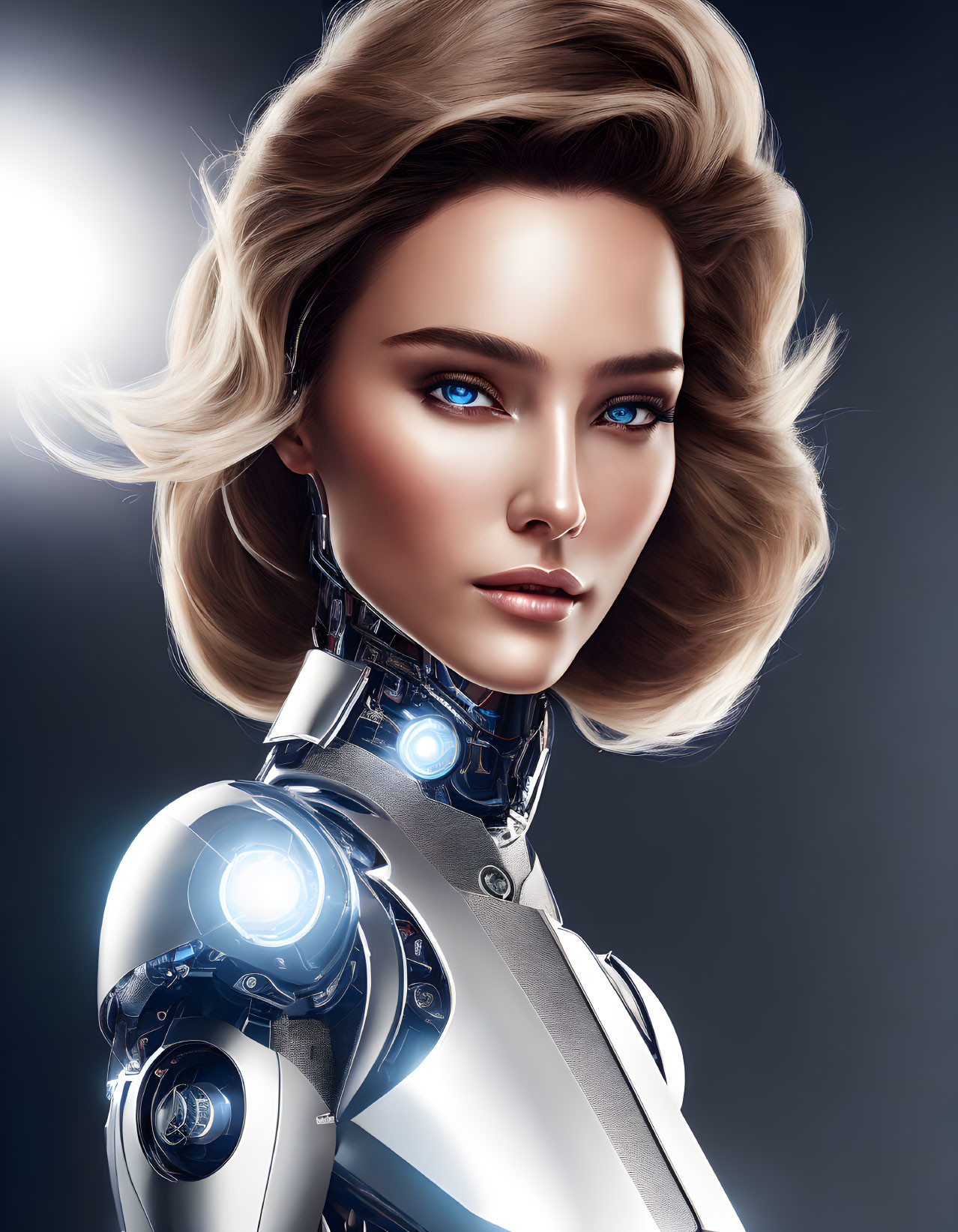 Female robot digital artwork with blue eyes and brown hair, detailed silver and blue mechanical upper body.